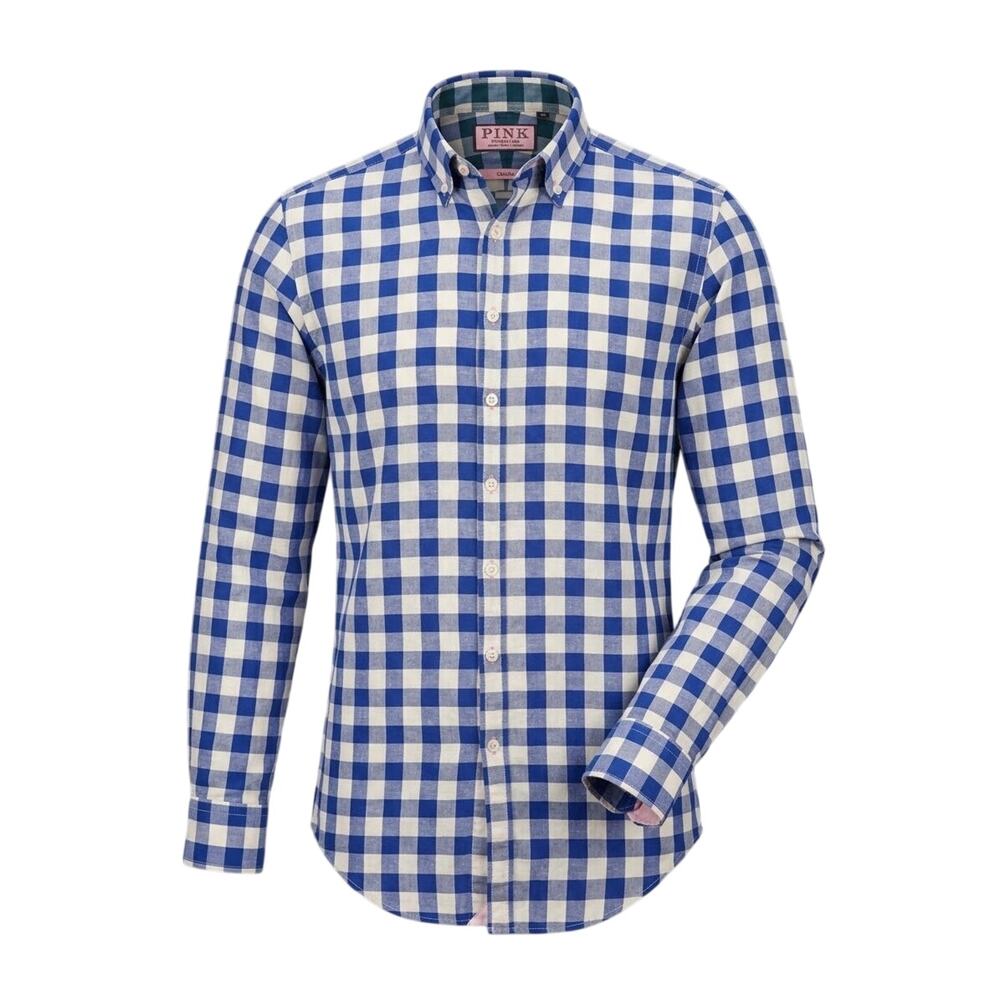 Thomas Pink Gingham Plaid Cotton Button Down Fitted Blouse
